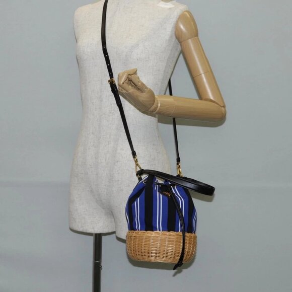 PRADA Rattan Hand Bag Canvas 2way Blue Gold - Picture 1 of 16